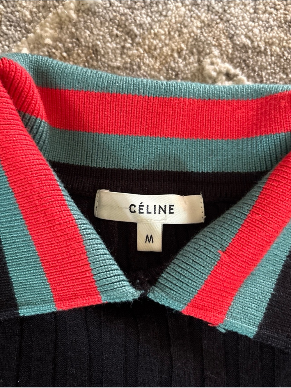 Celine Black Ribbed Polo Midi Dress with Red and Yellow Stripes - Picture 4 of 16